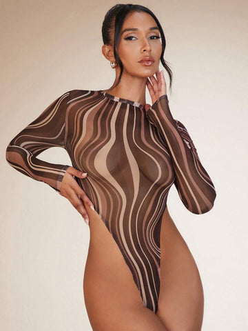 Marbled Print High Cut Bodysuit