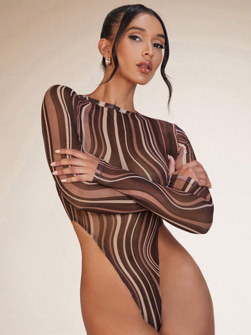 Marbled Print High Cut Bodysuit