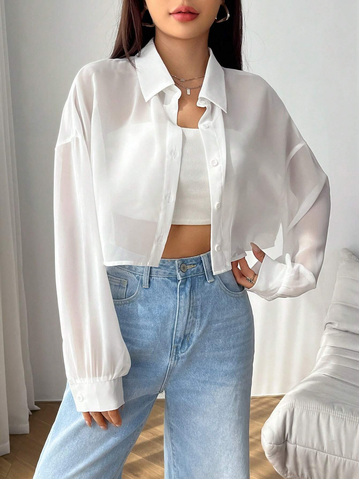 Solid Drop Shoulder Button Front Shirt