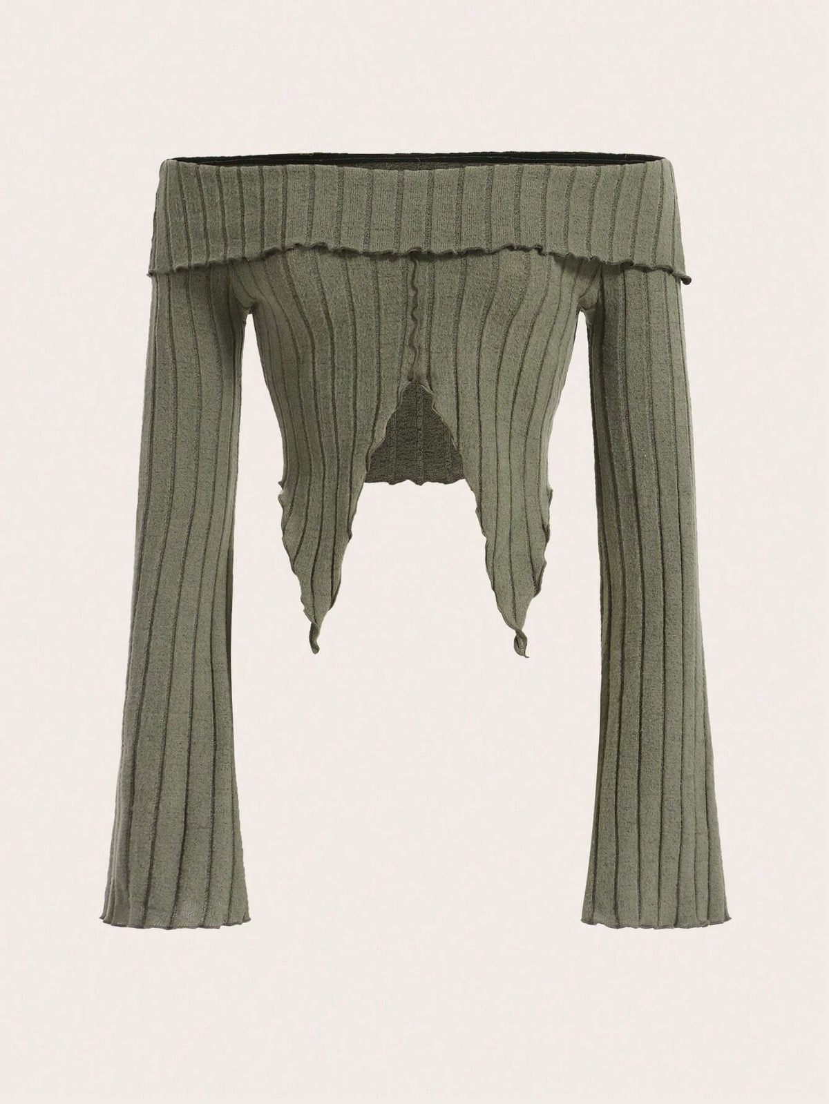 Off Shoulder Lettuce Trim Asymmetrical Hem Crop Tee