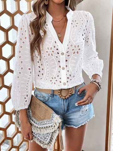 Eyelet Embroidery Button Front Lantern Sleeve Blouse