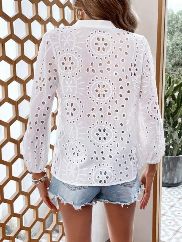 Eyelet Embroidery Button Front Lantern Sleeve Blouse