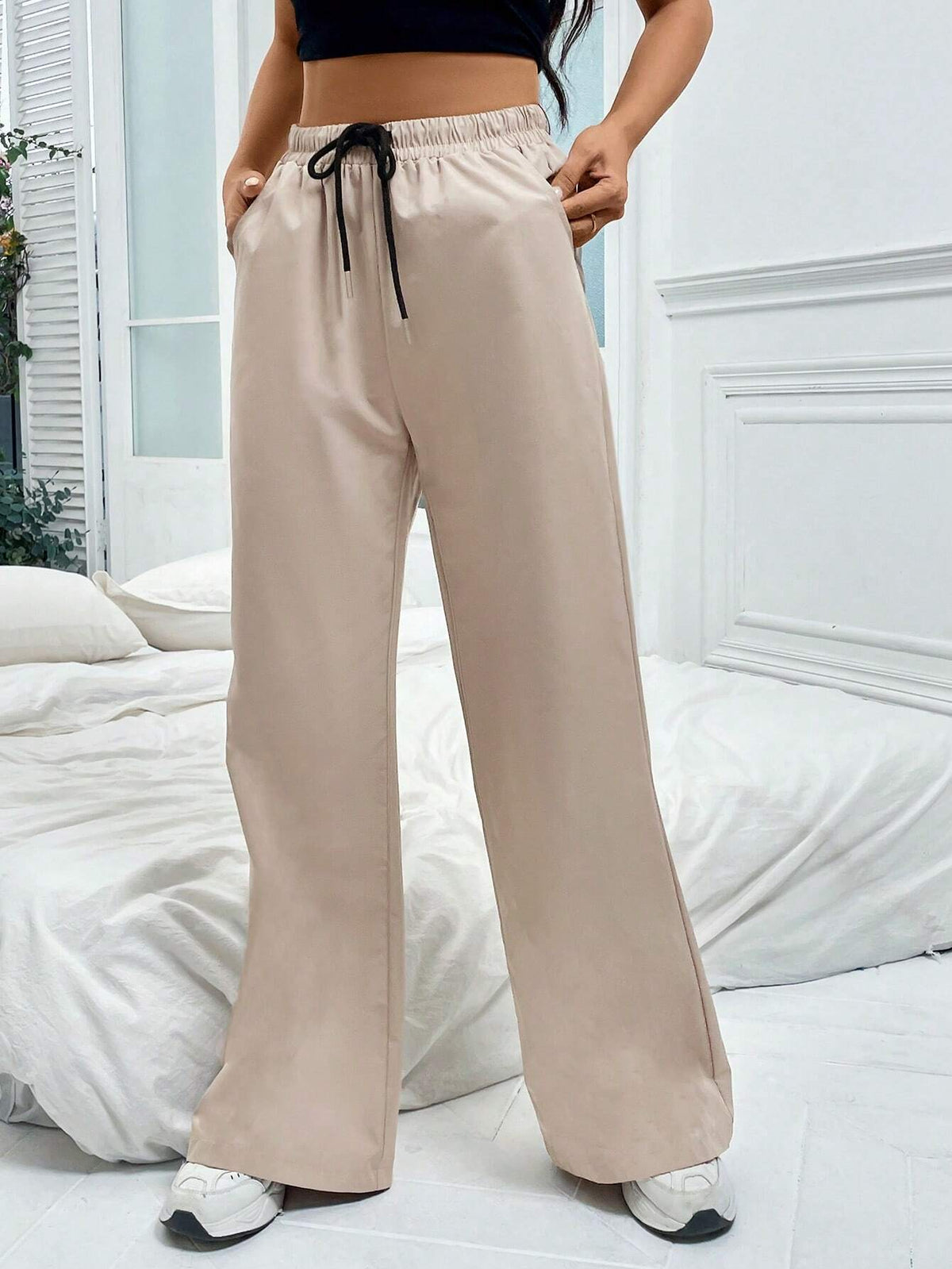 EZwear Drawstring Waist Wide Leg Pants