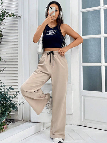 EZwear Drawstring Waist Wide Leg Pants