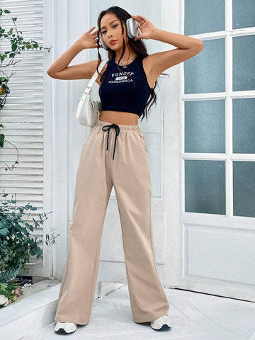 EZwear Drawstring Waist Wide Leg Pants