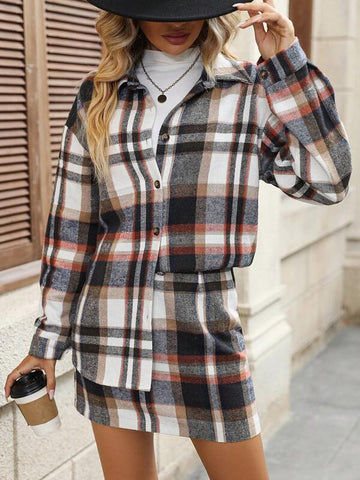 Plaid Print Drop Shoulder Shirt & Skirt