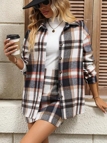 Plaid Print Drop Shoulder Shirt & Skirt