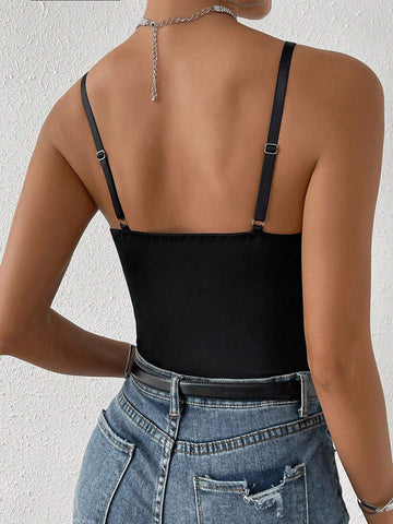 Rhinestone Detail Bustier Mesh Cami Bodysuit