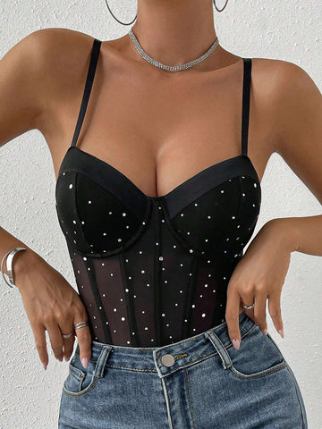Rhinestone Detail Bustier Mesh Cami Bodysuit