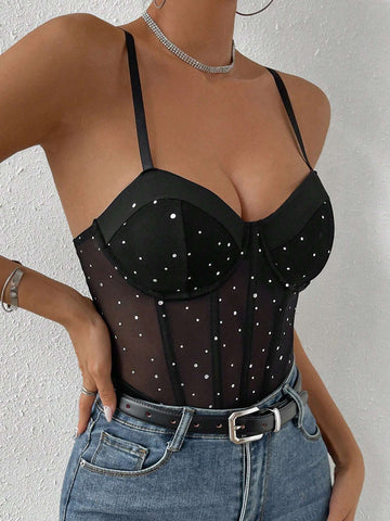Rhinestone Detail Bustier Mesh Cami Bodysuit