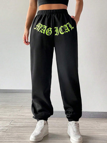 Letter Graphic Elastic Waist Sweatpants