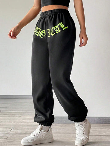 Letter Graphic Elastic Waist Sweatpants