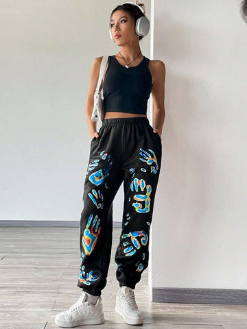 Figure Print Elastic Waist Sweatpants