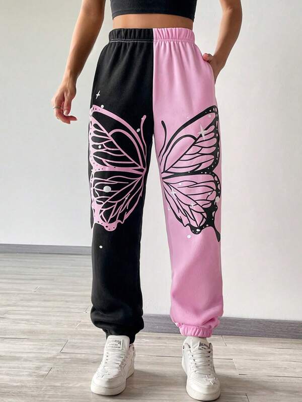 Butterfly Print Two Tone Sweatpants