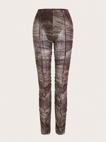 ICON Marble Print Ruched Mesh Pants