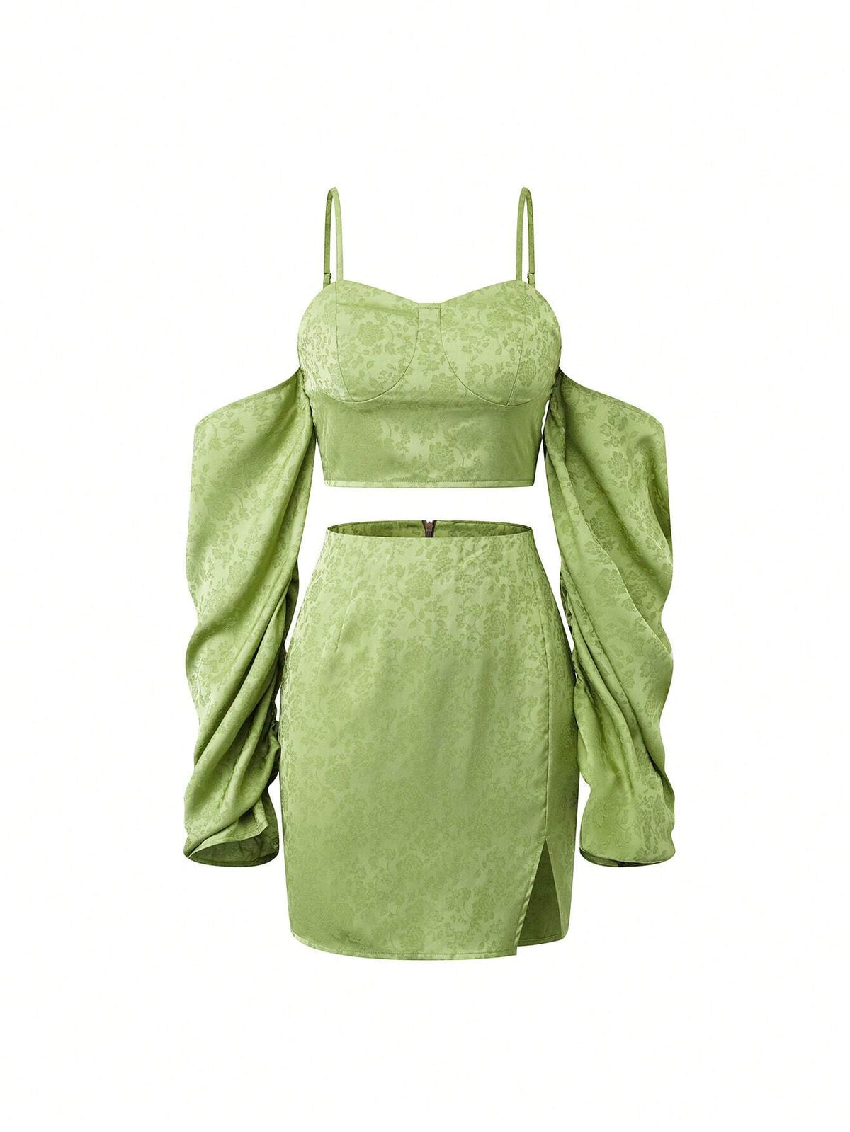 Jacquard Cold Shoulder Crop Top & Split Hem Skirt