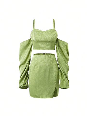 Jacquard Cold Shoulder Crop Top & Split Hem Skirt