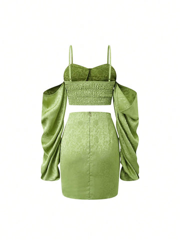 Jacquard Cold Shoulder Crop Top & Split Hem Skirt