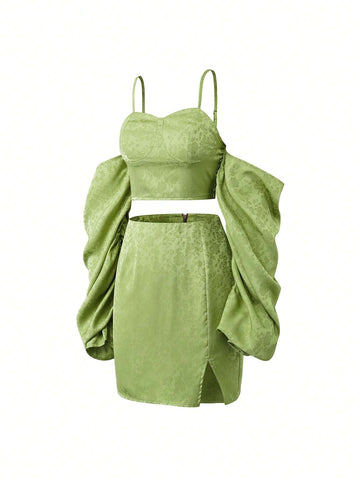 Jacquard Cold Shoulder Crop Top & Split Hem Skirt