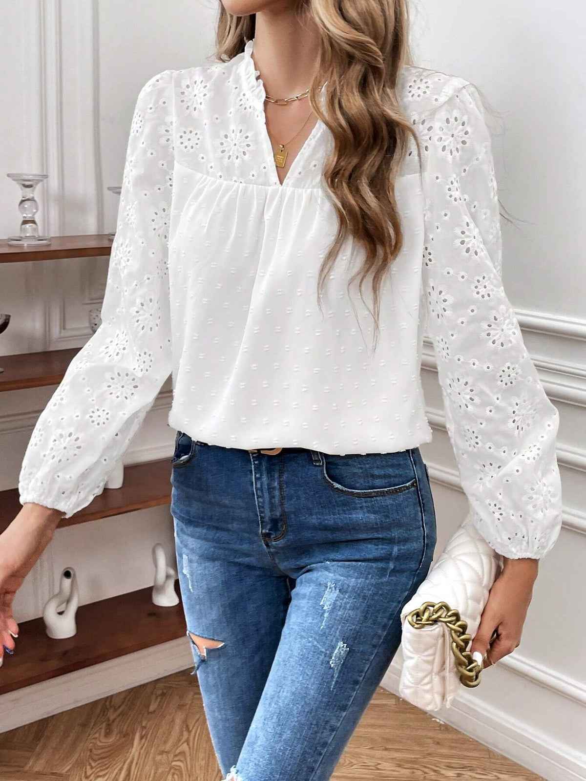 Eyelet Embroidery Lantern Sleeve Notched Neckline Blouse