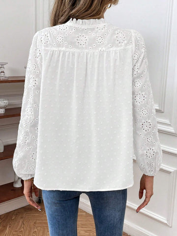 Eyelet Embroidery Lantern Sleeve Notched Neckline Blouse