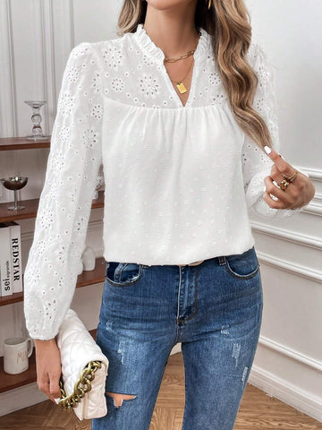 Eyelet Embroidery Lantern Sleeve Notched Neckline Blouse