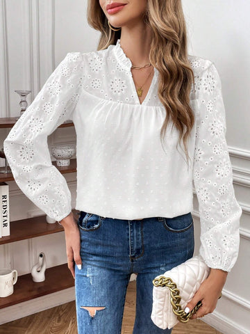 Eyelet Embroidery Lantern Sleeve Notched Neckline Blouse