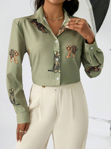 Cartoon Print Button Front Shirt