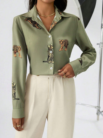 Cartoon Print Button Front Shirt