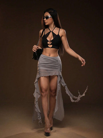 ICON Ruched Ruffle Trim Asymmetrical Hem Skirt