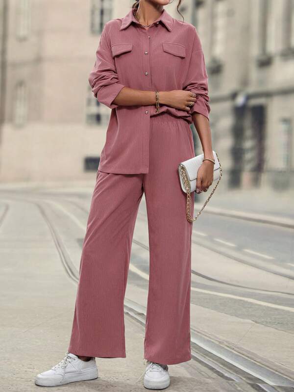 Drop Shoulder Flap Detail Shirt & Wide Leg Pants