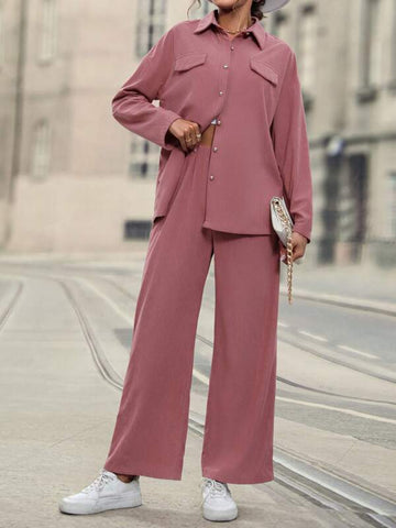 Drop Shoulder Flap Detail Shirt & Wide Leg Pants