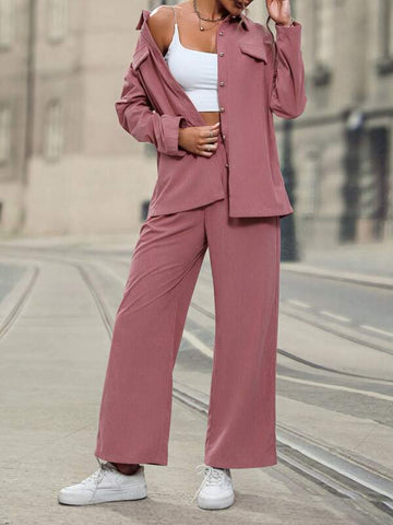 Drop Shoulder Flap Detail Shirt & Wide Leg Pants
