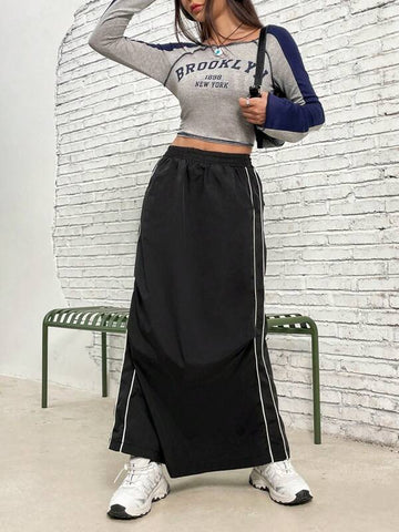 Contrast Piping Elastic Waist Skirt