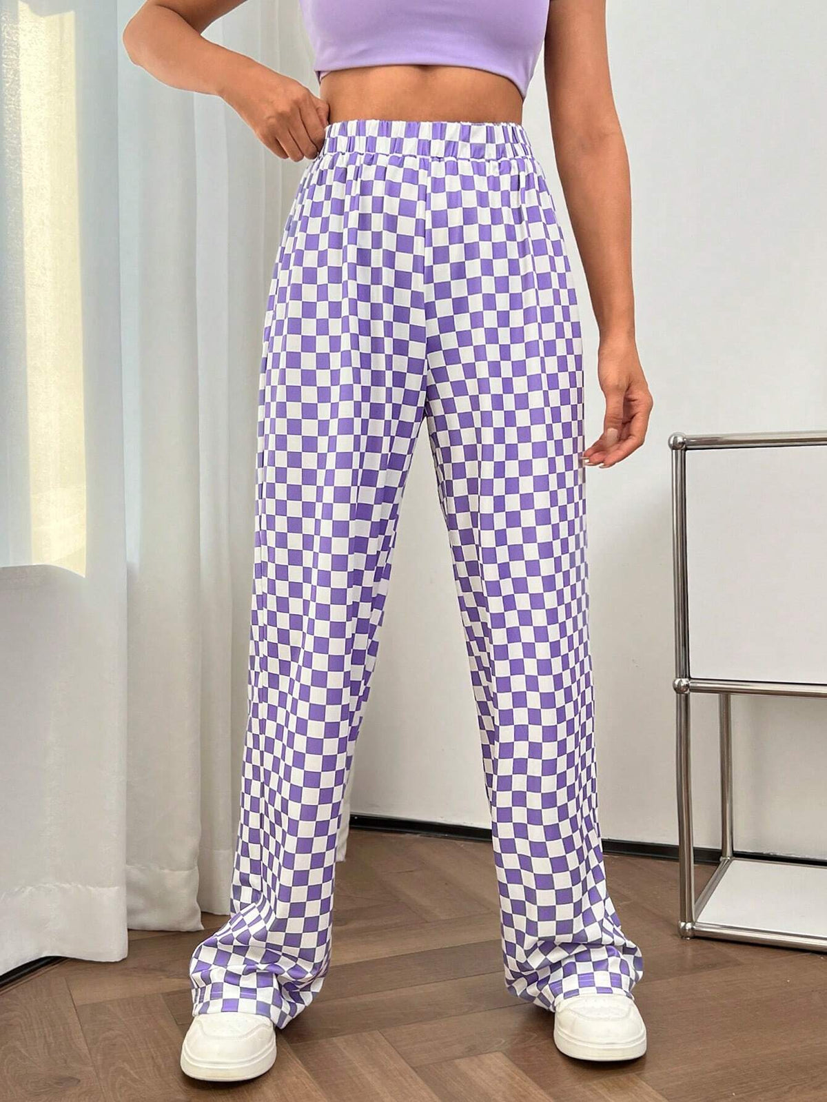 Checker Print Straight Leg Pants