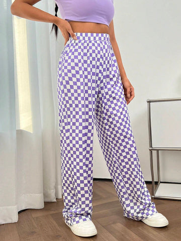 Checker Print Straight Leg Pants