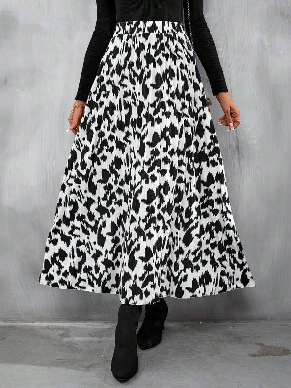 VCAY Allover Print Elastic Waist Ruffle Hem Skirt