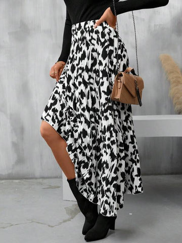 VCAY Allover Print Elastic Waist Ruffle Hem Skirt