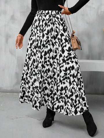 VCAY Allover Print Elastic Waist Ruffle Hem Skirt