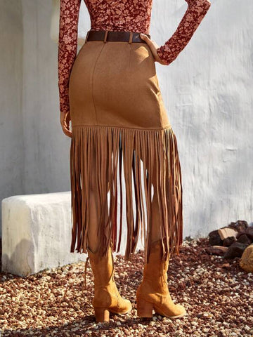 Fringe Hem Suedette Skirt Without Belt