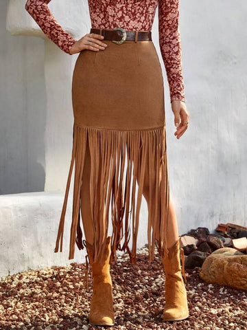 Fringe Hem Suedette Skirt Without Belt