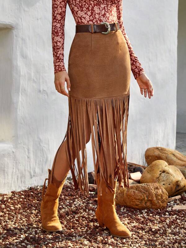 Fringe Hem Suedette Skirt Without Belt