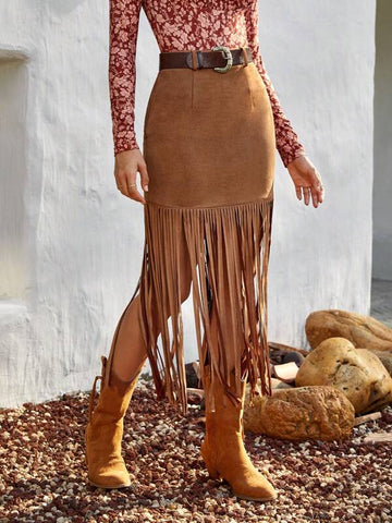 Fringe Hem Suedette Skirt Without Belt