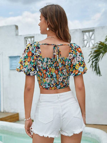 Floral Print Puff Sleeve Crop Blouse