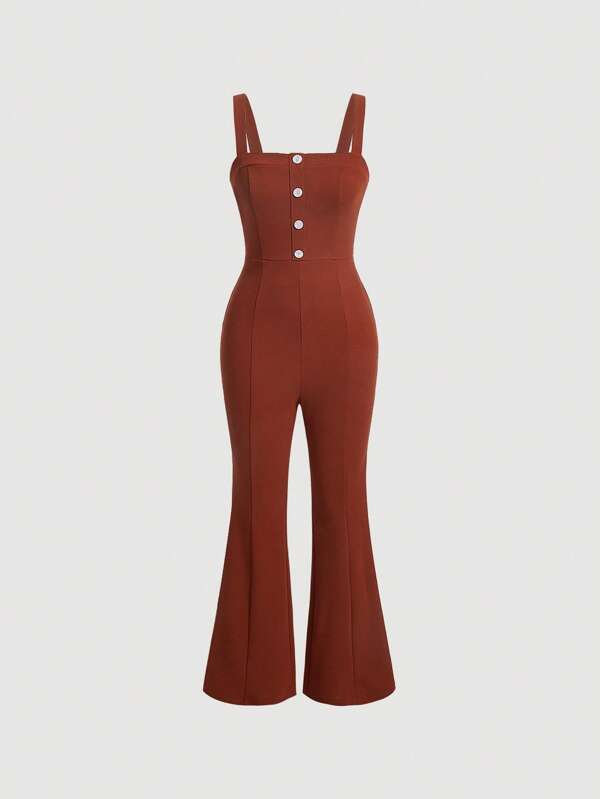 Button Front Flare Leg Jumpsuit Without Tee