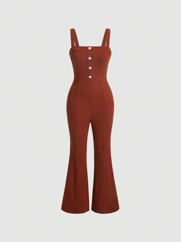 Button Front Flare Leg Jumpsuit Without Tee