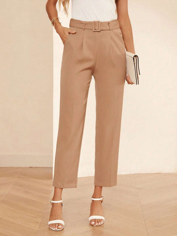 Solid Slant Pocket Belted Pants