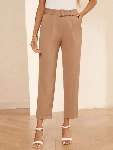 Solid Slant Pocket Belted Pants