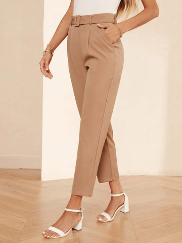 Solid Slant Pocket Belted Pants