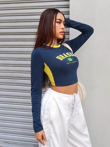 Letter Graphic Contrast Binding Crop Tee